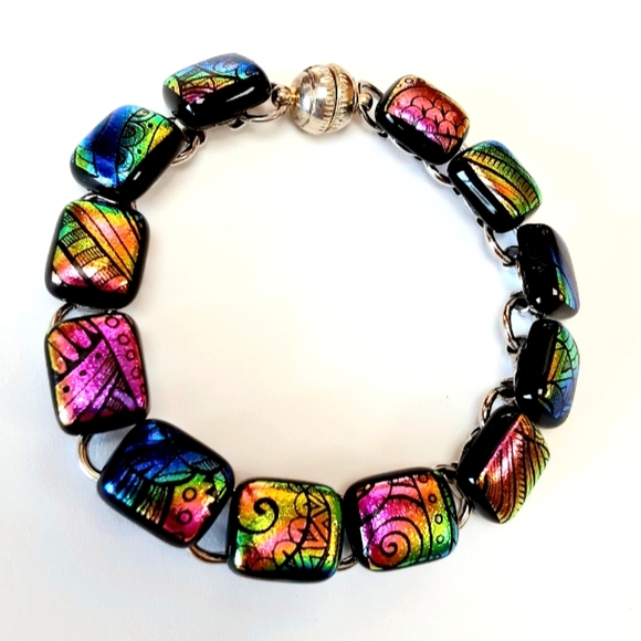 8" Dichroic Fused Glass Link Bracelet - Picture 1 of 2